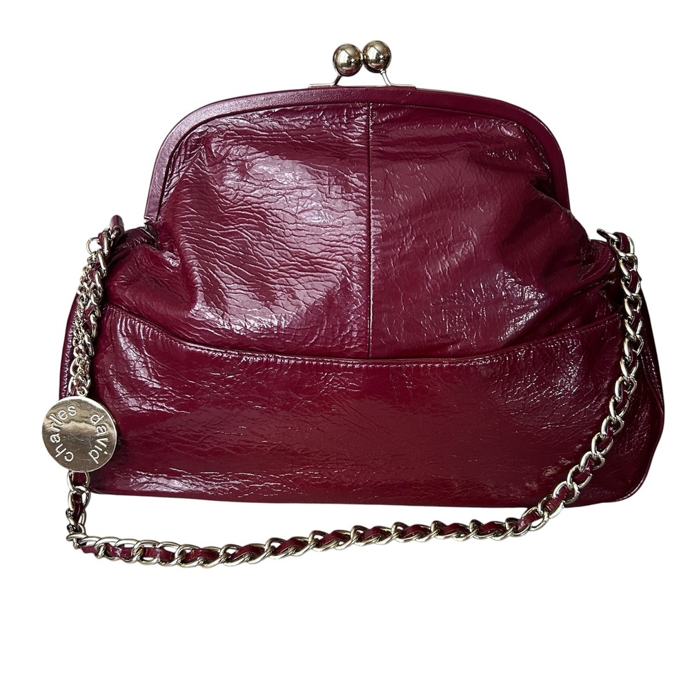 Charles David Burgundy Patent Leather Large Kiss Lock Frame Clutch Chain Bag Y2K